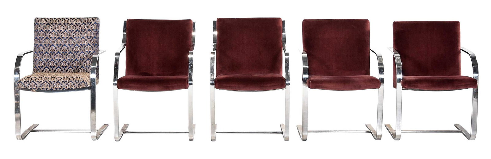 Five BRNO Type Mid Century Modern Style Armchairs: 20th century, original design by Mies Van Der Rohe for Knoll circa 1930, comprising three examples with traditional shape, and two with upswept arms, four with red velvet upholstery and one with beige