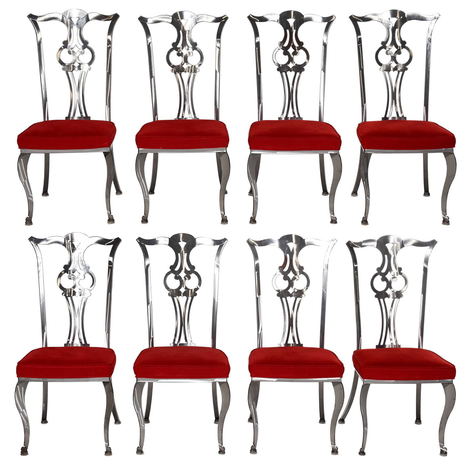 Set of Eight Modern Silvered Metal and Red Upholstered Dining Chairs: tags for Johnson Casuals, 2008, each designed in the Boston Chippendale style, 41-1/2 x 18-3/4 x 19-1/2 in., seat height 18-1/2 in.