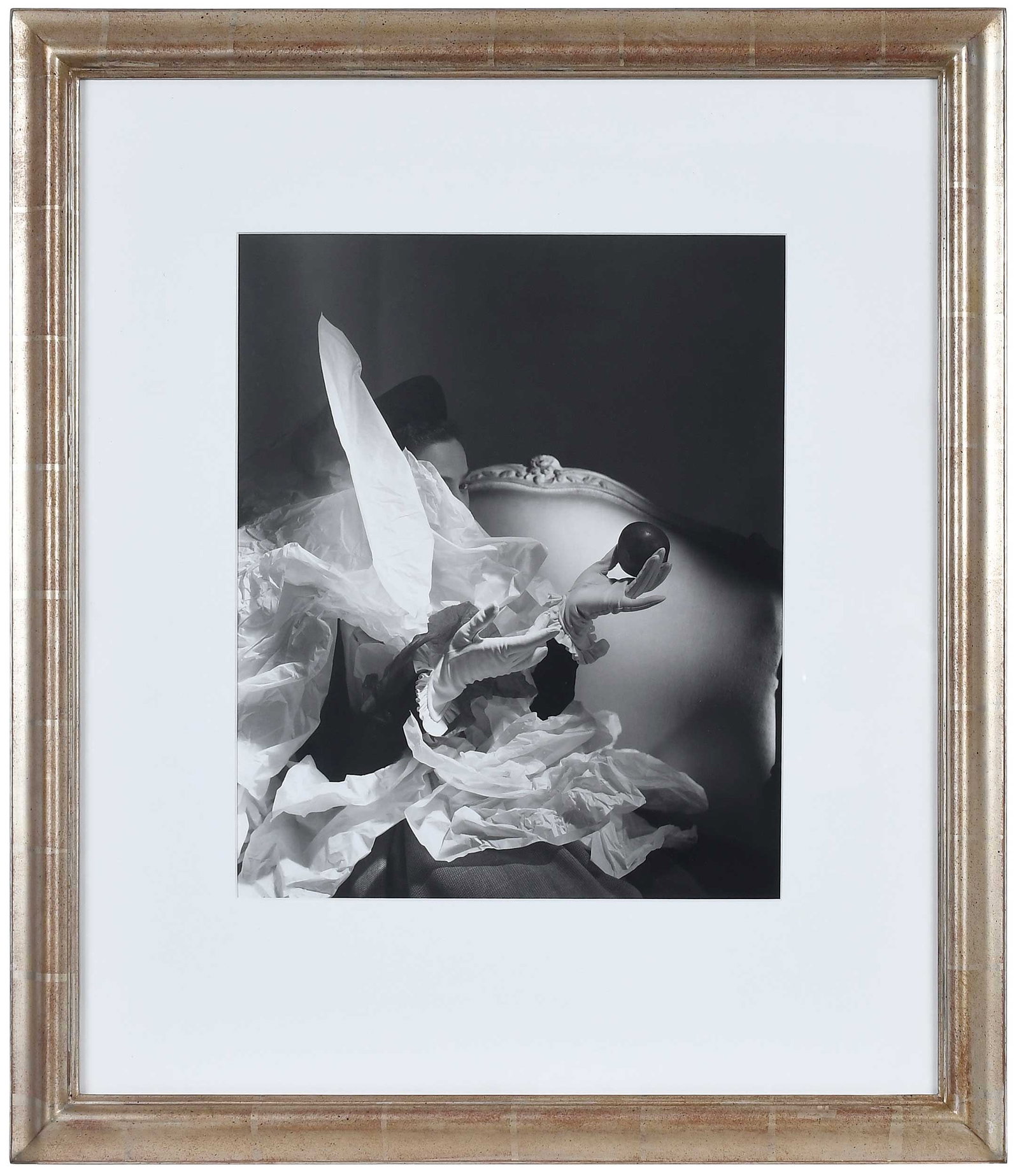 Horst P. Horst: (German/America, 1906-1999) Birthday Gloves, 1947, printed later, signed, inscribed, dated print verso, artist's blind stamp lower right margin, sheet 19-3/4 x 15-3/4 in.; fine silver finished wood fr