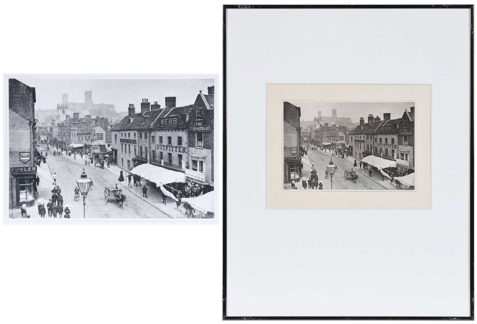 Frederick Henry Evans: (British, 1853-1943) Lincoln Cathedral from High Street, two prints, the first a platinum print, with artist's embossed signature stamp on mount lower right, 4 x 5-3/4 in.; on original mount, metal se