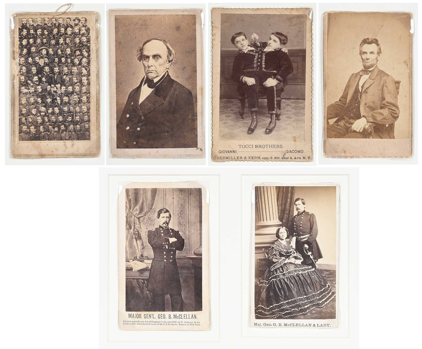 Abraham Lincoln and Four Civil War Era CdVs; Together with Tocci Brothers Cabinet Card: (American, 19th century) Portrait of Daniel Webster, annotated and printed by Charles D. Fredricks & Co. 'specialtie' verso, CDV, 4 x 2 in.; matted 10 x 8 in.; Two portraits matted together, Major Gen