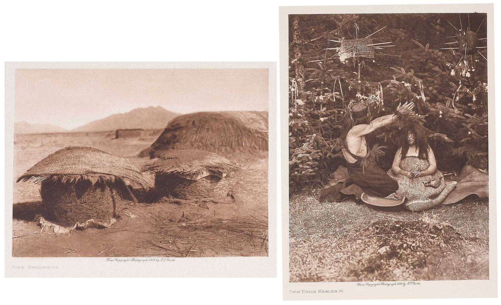 After Edward S. Curtis: Provenance: Private Collection, North CarolinaPima Granaries, photogravure on Japanese rice paper, paper size, 9-1/4 by 12-1/2 in.; unframed; Twin Child Healer (b), photogravure, paper size, 12-1/2 x