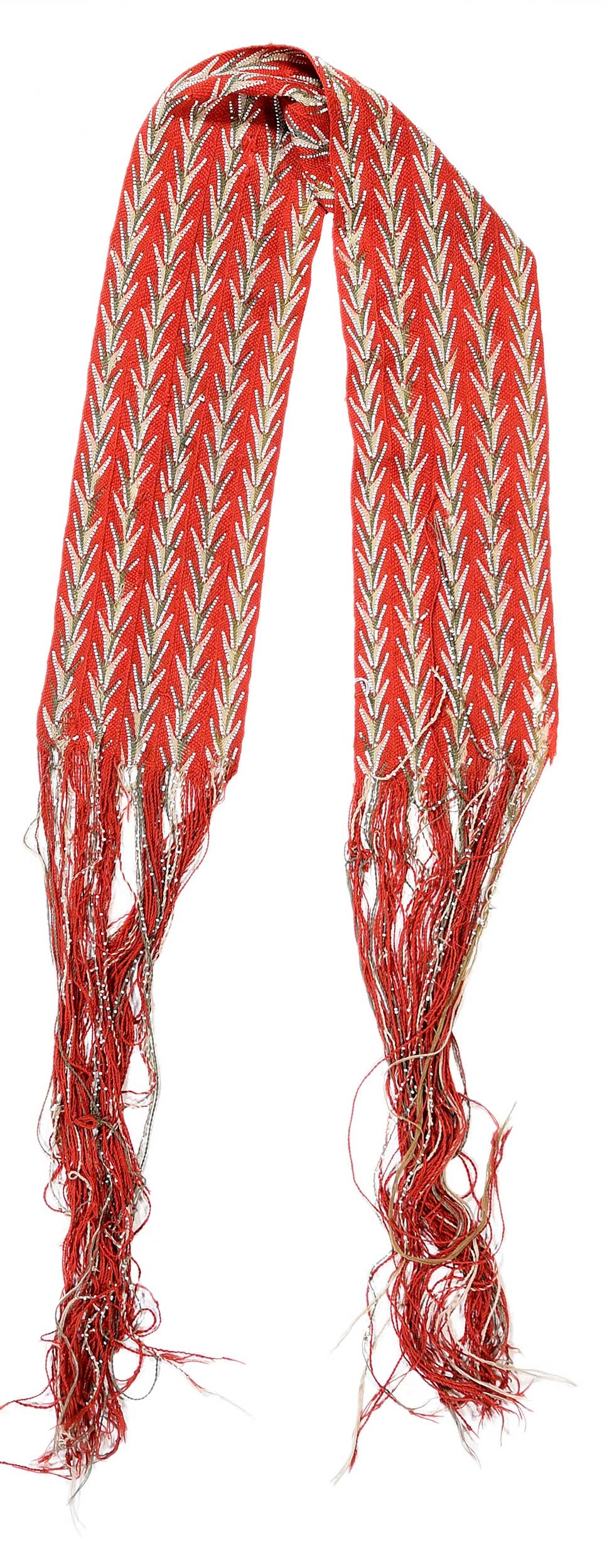 Huron Finger Woven and Beaded Sash: Eastern Great Lakes, c. 1830, red, green, and olive wool yarn, white glass beads, 58 x 7-3/4 in., 112 in. including fringe Provenance: Dennis Lessard, Santa Fe, New Mexico (according to Morning Star G