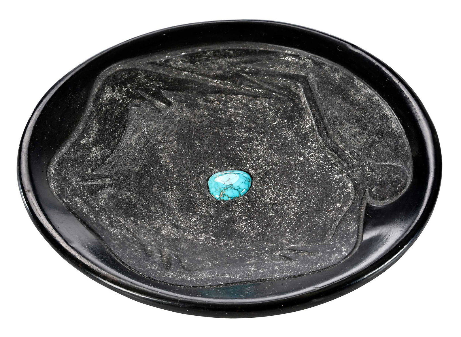 Dora Tse Pe Blackware and Turquoise Shallow Bowl: (San Ildefonso, born 1939), the shallow blackware dish with micaceous center inset with turquoise, signed on base "Dora Tse Pe'/San Ildefonso/1984", 1 x 6 in. Provenance: Estate of Alice Zimmerman, Na