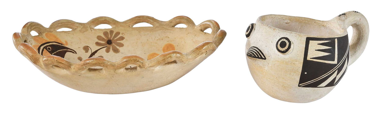 Two Interesting Acoma Pottery Pieces: 20th century, the first, a small chicken form mug, signed on base "Sarah Garcia, Acoma N.M." (1928-2015), 2-1/2 x 3 x 4-1/4 in.; together with an unsigned dish, with openwork border, bird and flower m
