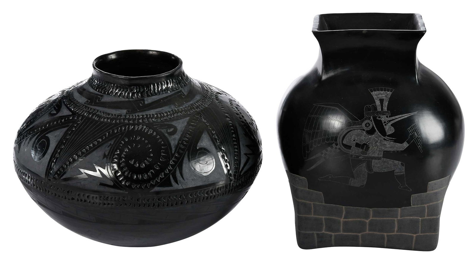 Reynalda Quezada de Lopez, Mata Ortiz Blackware Pot: Mata Ortiz, second half of 20th century, signed "Reynalda Q. D. de Lopez" on rounded base, squat olla shape, blackware with textured geometric decorations above shoulder, 7-3/4 x 10 in.; together with