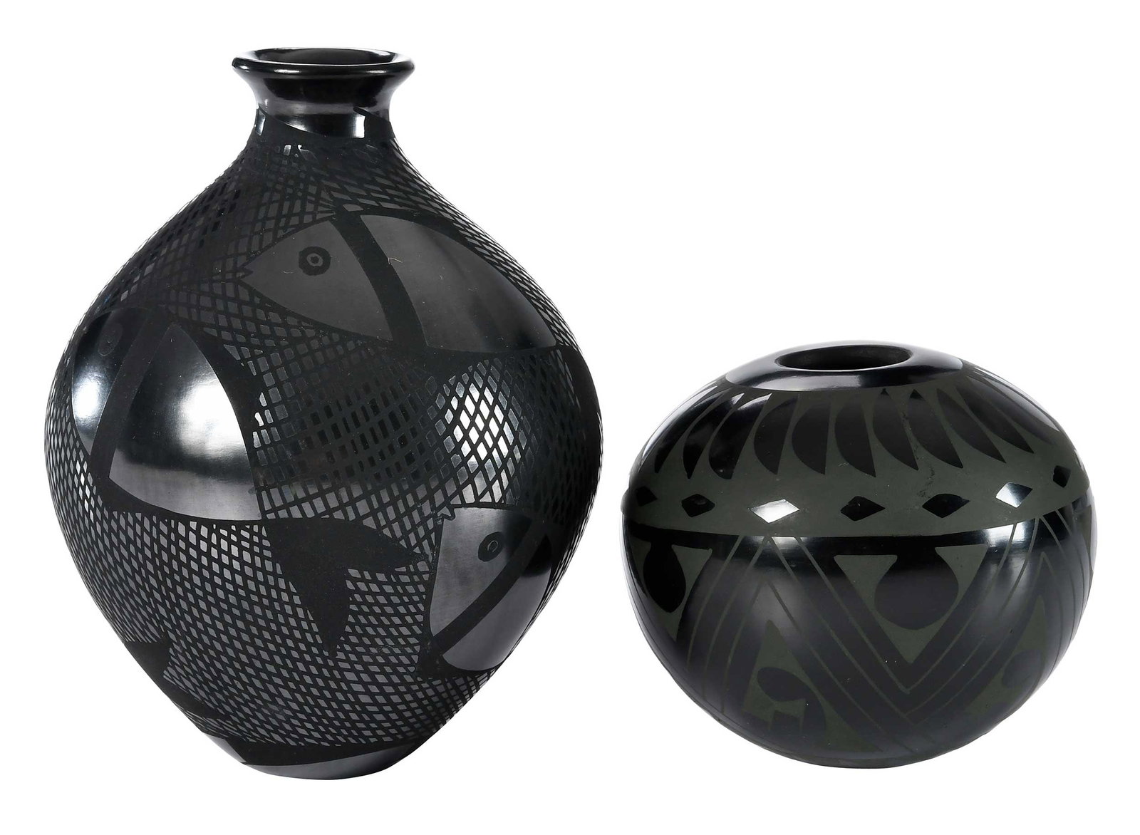 Two Mata Ortiz Vases: 20th century, the first signed on base "Abigail Lopez", gun mental on blackware vase with fish decoration, 6-1/4 x 4-1/2 in.; the second signed on rounded base "Socorro Reyes," green on blackware vase