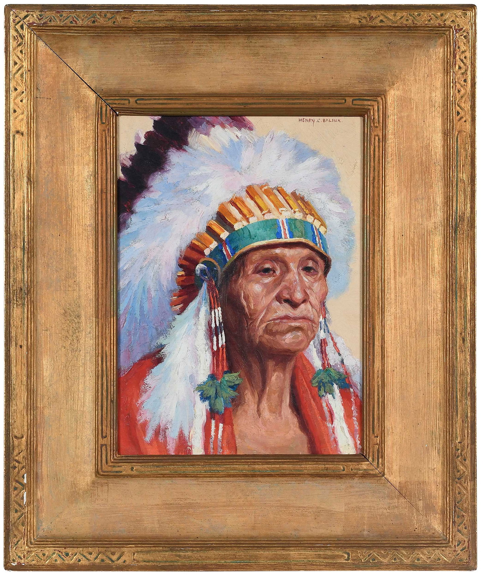Henry Balink, Native American Chief: (Dutch/New Mexico, 1882-1963) Native American Chief, signed upper right "Henry C. Balink", oil on canvas, 14-1/4 x 10-1/4 in.; period carved gilt wood frame, 22-1/4 x 18-1/4 in.