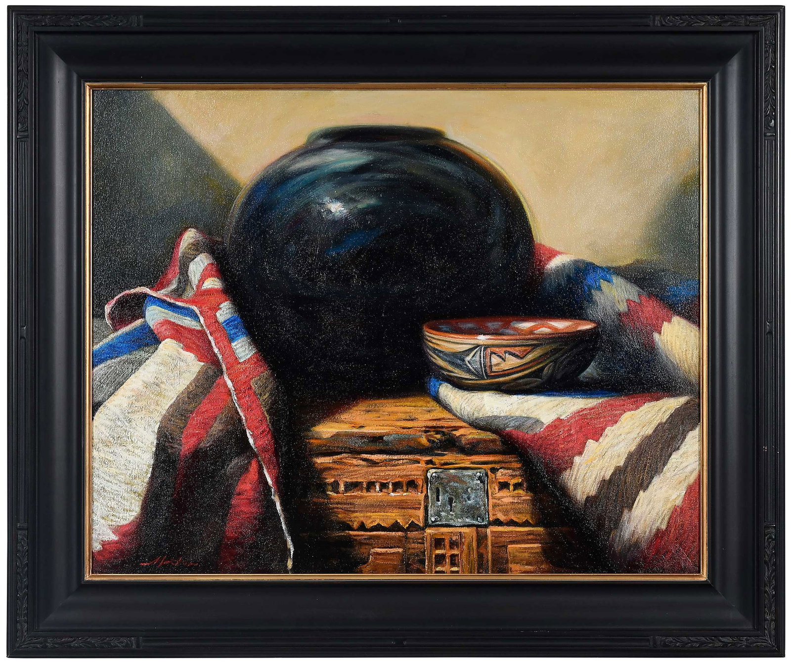 William Martin, Native American Still Life: (Taos, 20th century) Southwestern Still Life, signed lower left "W. Martin", also signed canvas verso, oil on canvas, 24 x 30 in.; fine reproduction black finished carved wood frame, 31-1/2 x 37-1/2 i