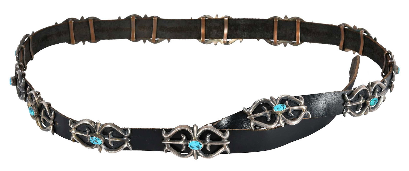 Vintage Wilbert Benally (Navajo) Silver Sandcast and Turquoise Concho Leather Belt: sterling silver, 13 conchos and buckle, central turquoise details, on black leather belt, 43 in. length, 18.0mm wide, 260.5 g Provenance: Private Collection Notes: To learn more about Wilbert Benally,