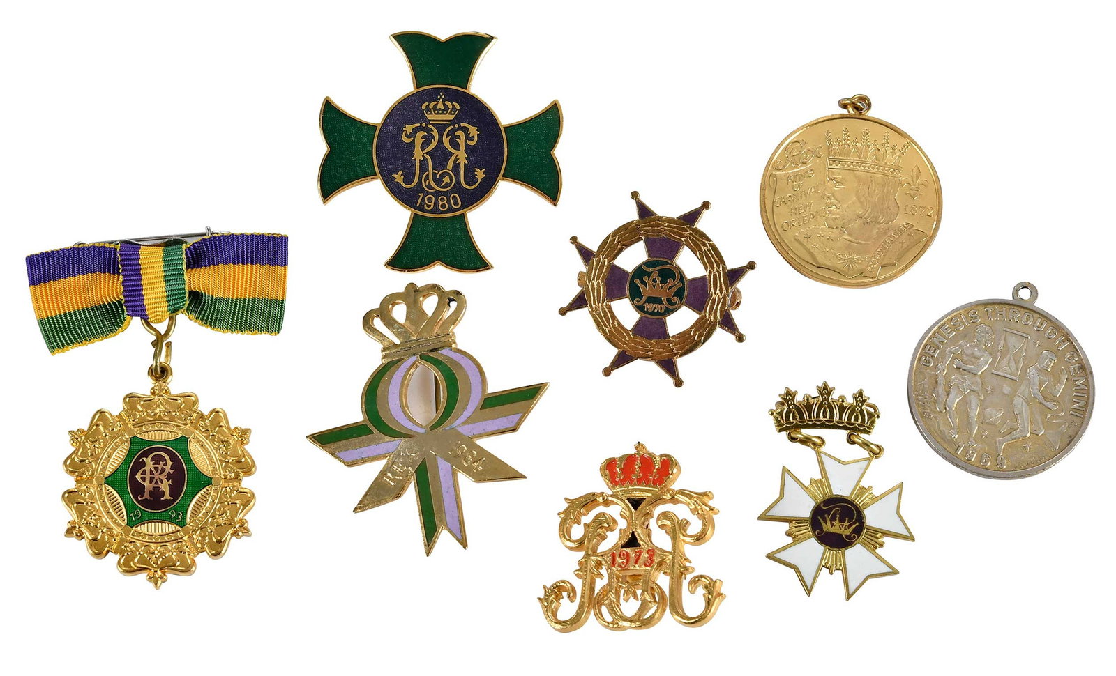 Large Collection of Mardi Gras Krewe Pins: dates ranging 1968-1993, 43 pins in various styles, including four retaining tricolor ribbon, largest 1-1/2 x 1-1/2 x 1/4 in. Provenance: Louise Glickman