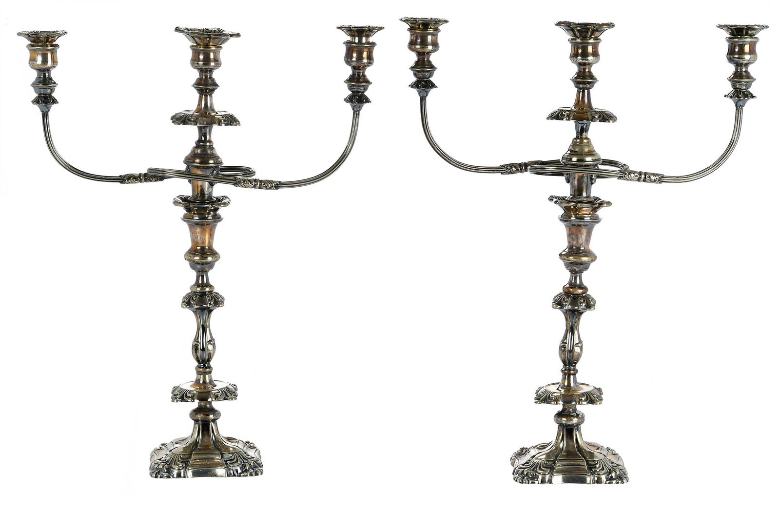 Pair of Three Cup Silver Plate Candelabra: probably American, two arm and three cup, partial marks on base, 22 x 16-1/2 x 5-1/4 in. Provenance: Estate of Lamar John Ryan Cecil, Lynchburg, Virginia