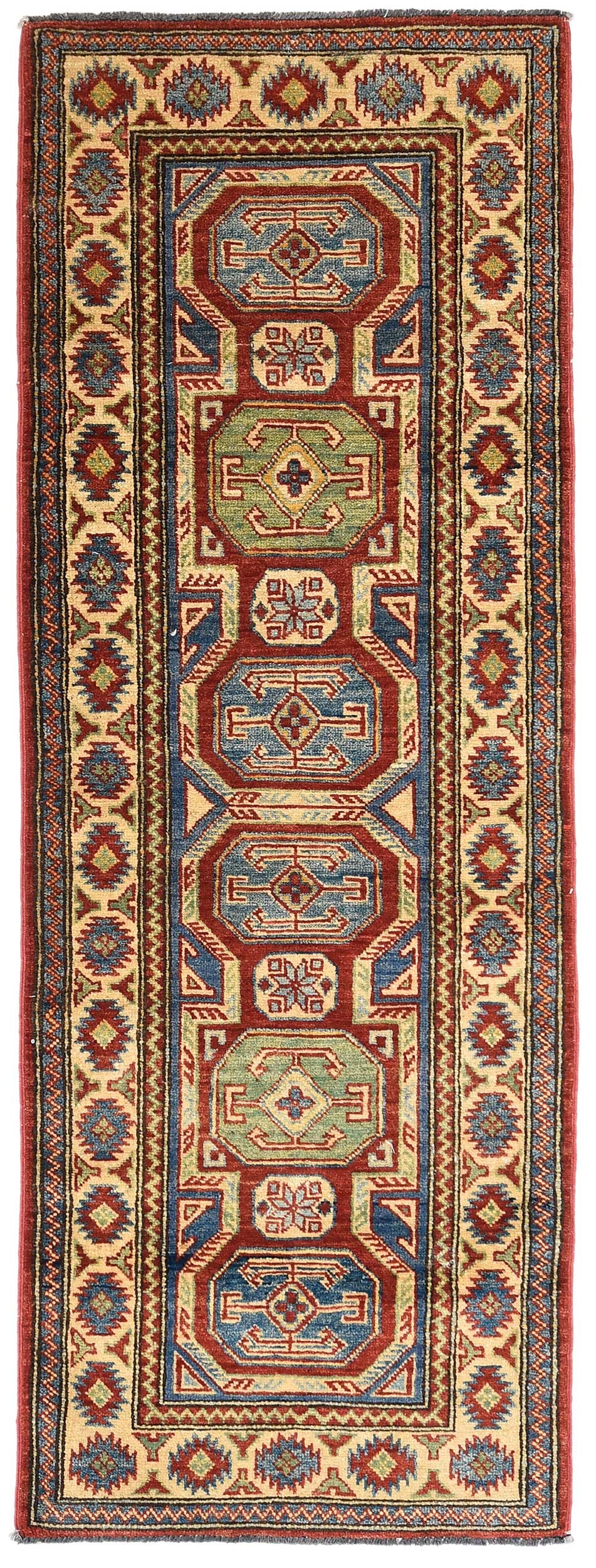 Kazak Style Runner: late 20th century, six octagonal medallions on blue ground, cream main border, 6 ft. 3 in. x 2 ft. 3 in. Provenance: Private Collection, Asheville, North Carolina