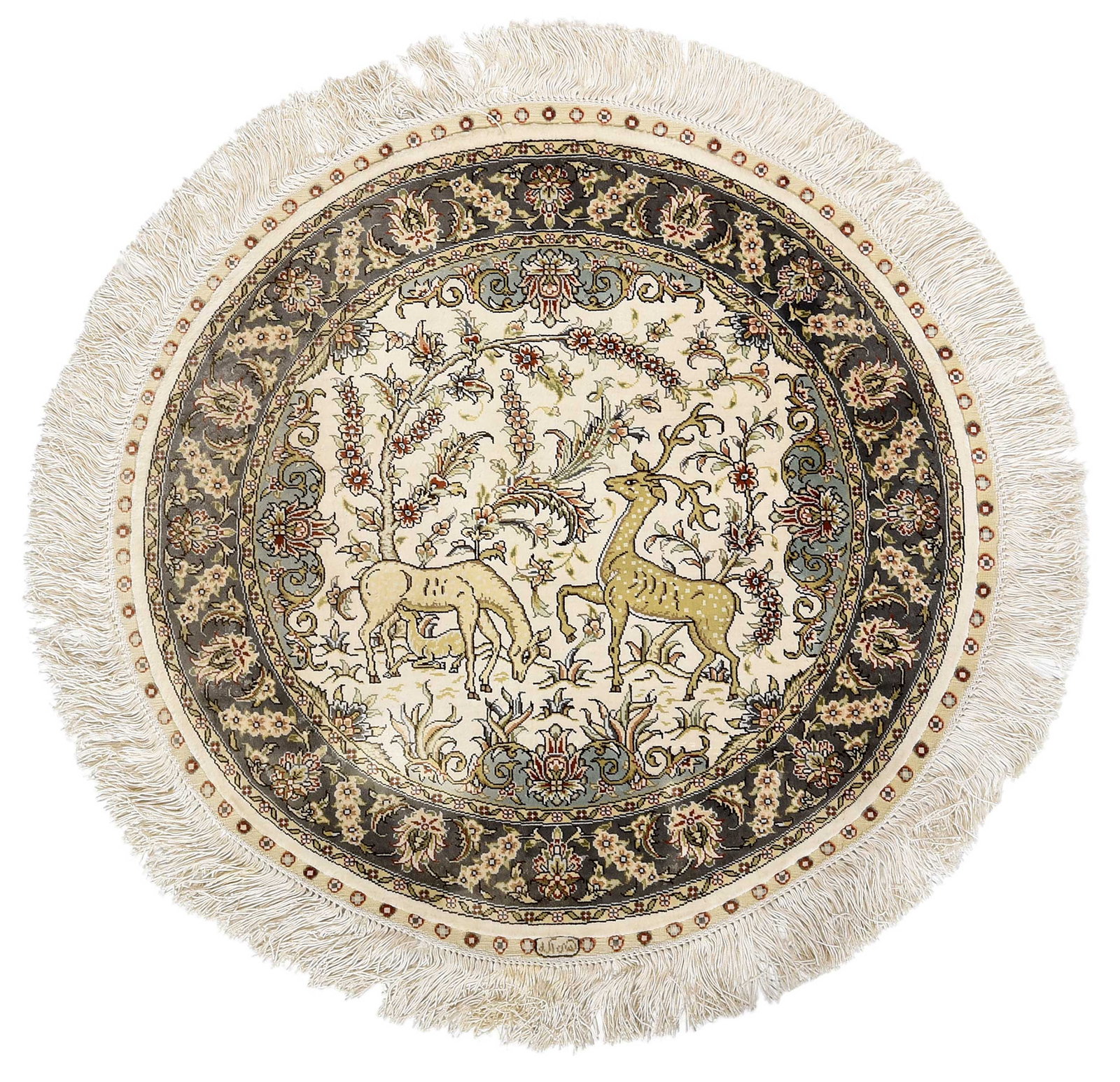 Small Round Pictorial Kashan Silk Rug: 20th century, deer amongst flowers on white ground, purple main border, 2 ft. 6 in. x 2 ft. 6 in. Provenance: Private Collection, Asheville, North Carolina