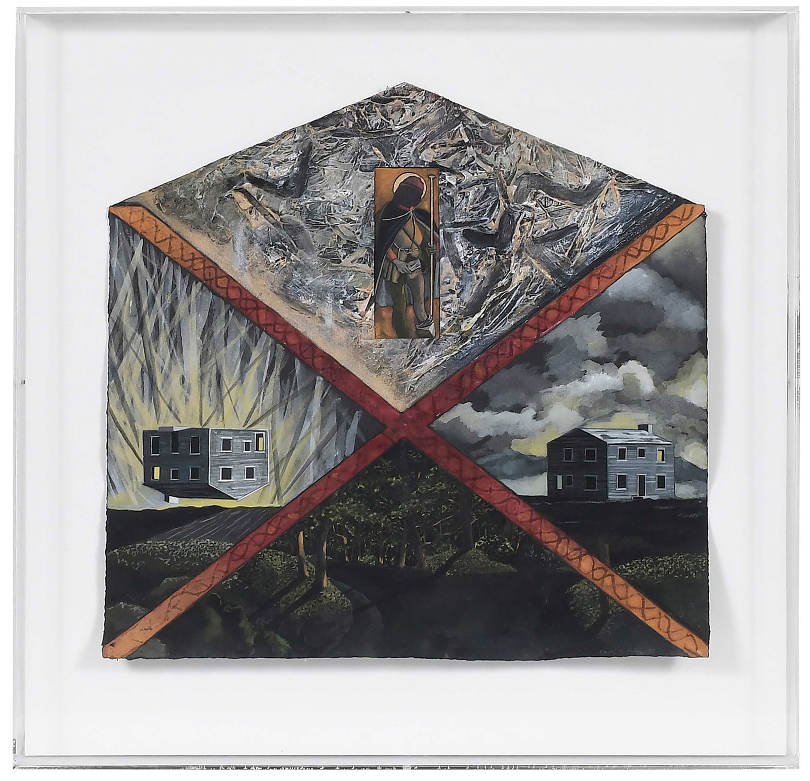 Nancy Baker Siegel: (American, late 20th century)Double Helix (upside down house), 1989, inscribed verso with title, watercolor on paper, sight 14 x 14 in.; plexiglass case, 19 x 19 x 2-1/2 in.Provenance: Estate of