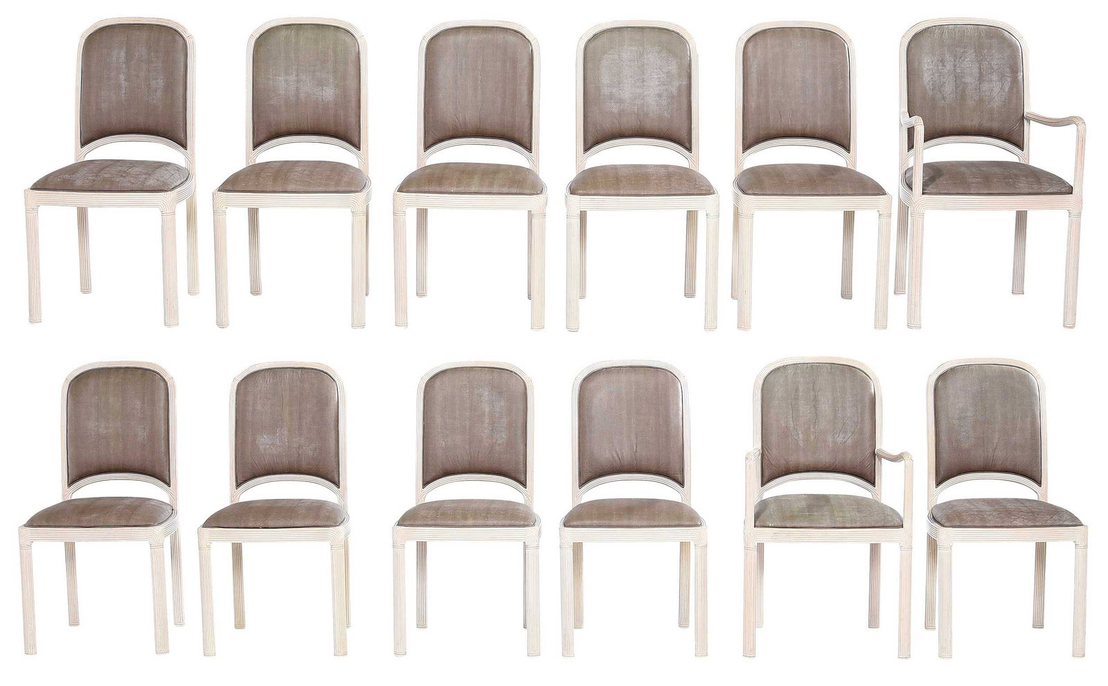 Set of Twelve Pickled Beechwood and Faux Snakeskin Dining Chairs: late 20th century, each with reeded frames and faux snakeskin upholstery, comprising two armchairs and ten side chairs, 37 x 21 x 18 in. Provenance: Estate of Alice Zimmerman, Nashville, Tennessee