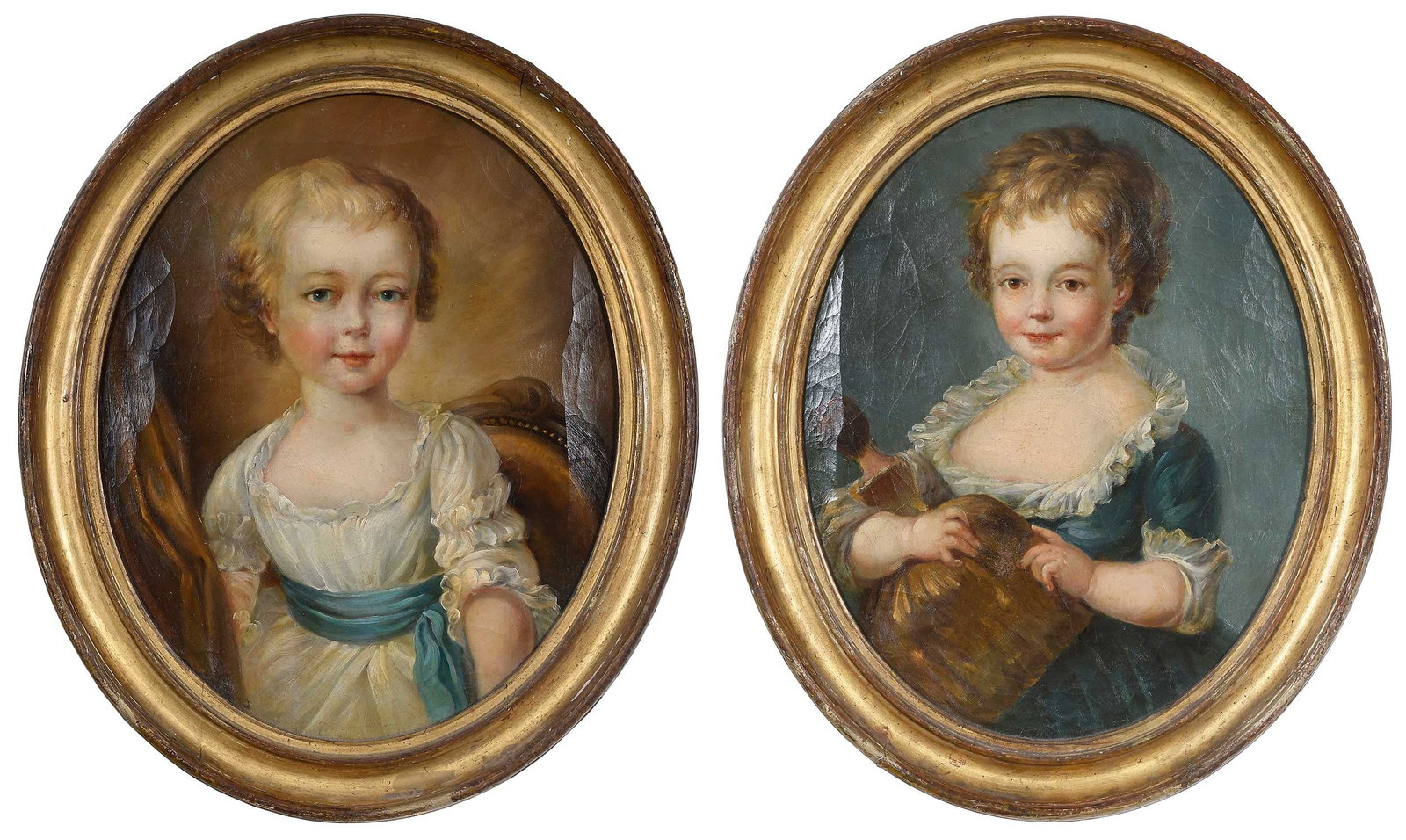 A Pair of French School Portraits of Children: (19th century) After the portraits attributed to Francois-Hubert Drouais (1727-1775) held by the Musee Cognacq-Jay, both oil on canvas, 16 x 13 in.; matching gilt wood frames, 19-1/2 x 16-1/4 x 2 in.