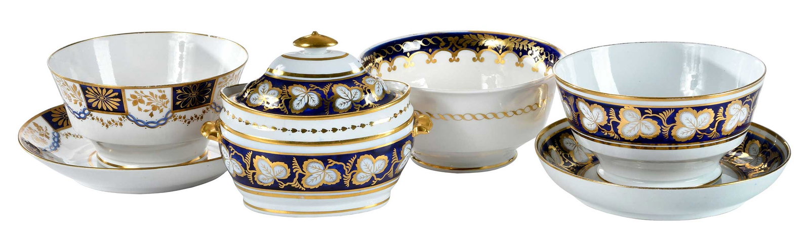Six Pieces of Cobalt and Gilt Decorated Porcelain Tableware: English, late 19th/20th century, one Spode, most unmarked, comprising: three bowls (two with matching underplates) and a small lidded tureen; largest 3-1/4 x 6-1/8 x 6-1/8 in. Provenance: Estate of La