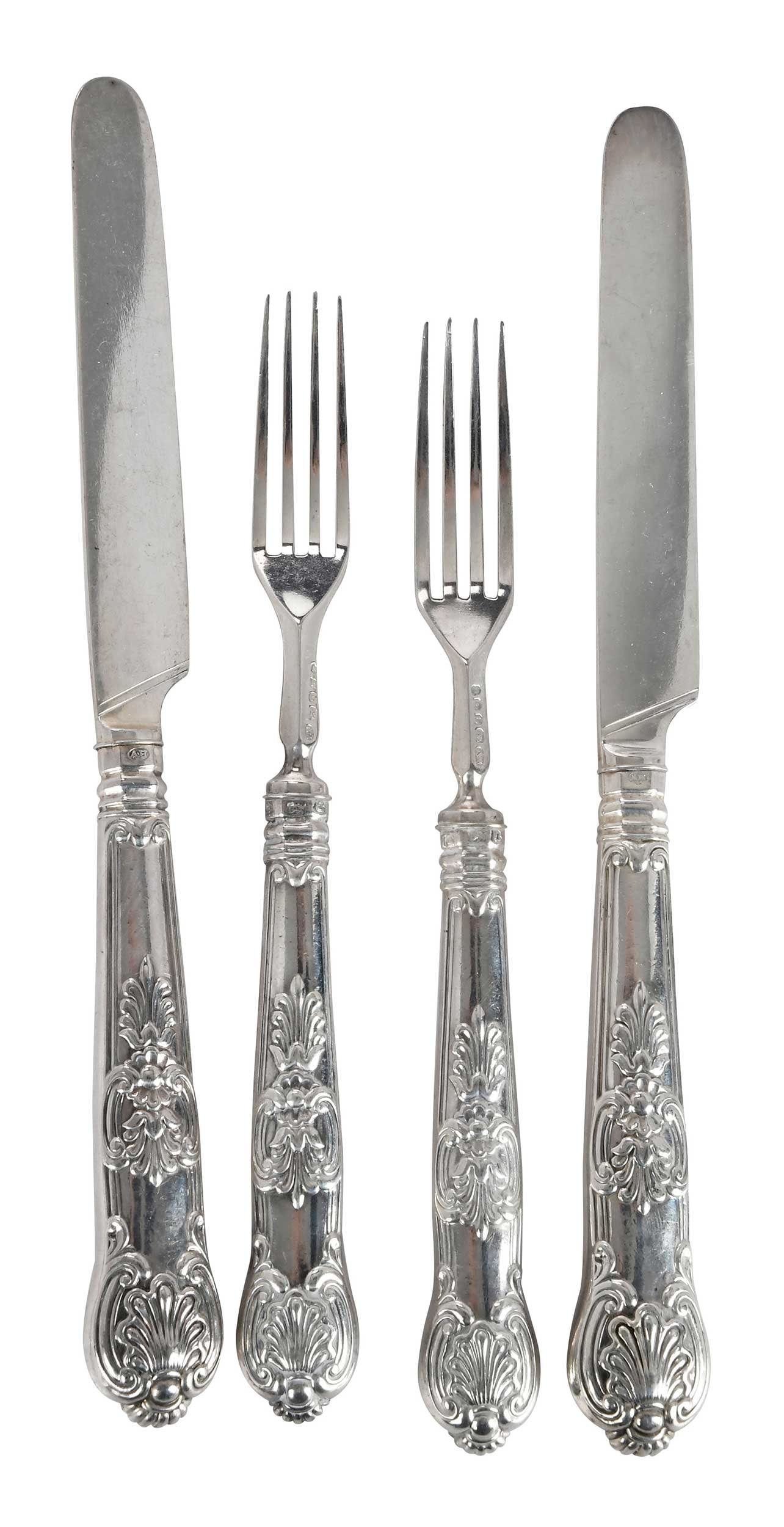 Eight Piece English Silver Fruit Set: Sheffield, 1825, all with hollow handle Kings pattern with English silver blades and tines, crest, marks for Aaron Hadfield, .925 fine, eight 8-1/2 in. knives and eight 7 in. forks Provenance: Estate