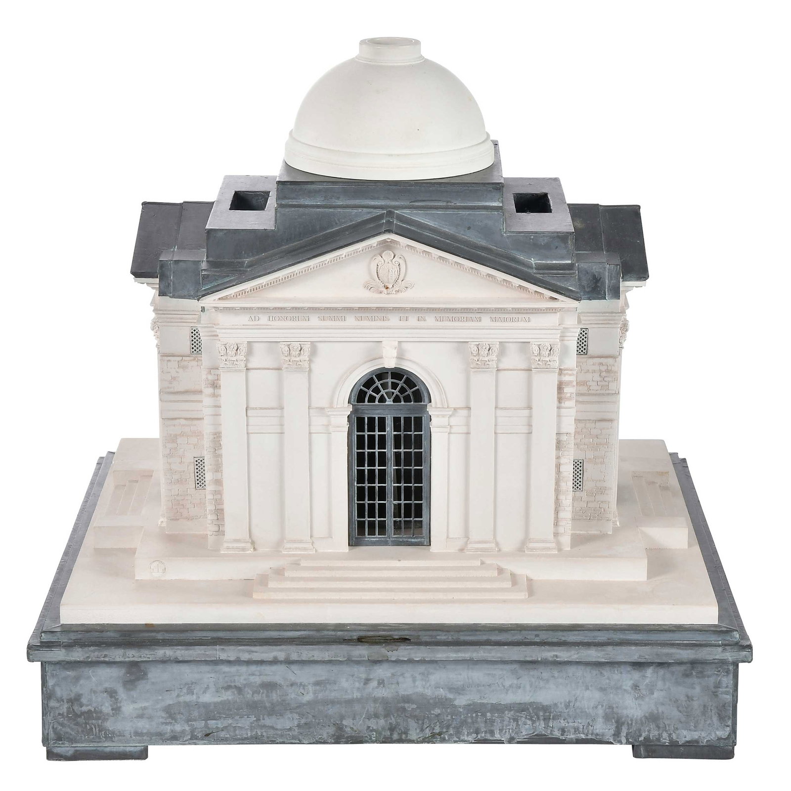 Timothy Richards Architectural Model, Temple at Tyringham Hall: (Bath, England, 20th century) Temple of Music at Tyringham Hall, Buckinghamshire, England (designed by Sir Edwin Lutyens in 1924), maker's stamp at front facade steps, plaster and metal construction,