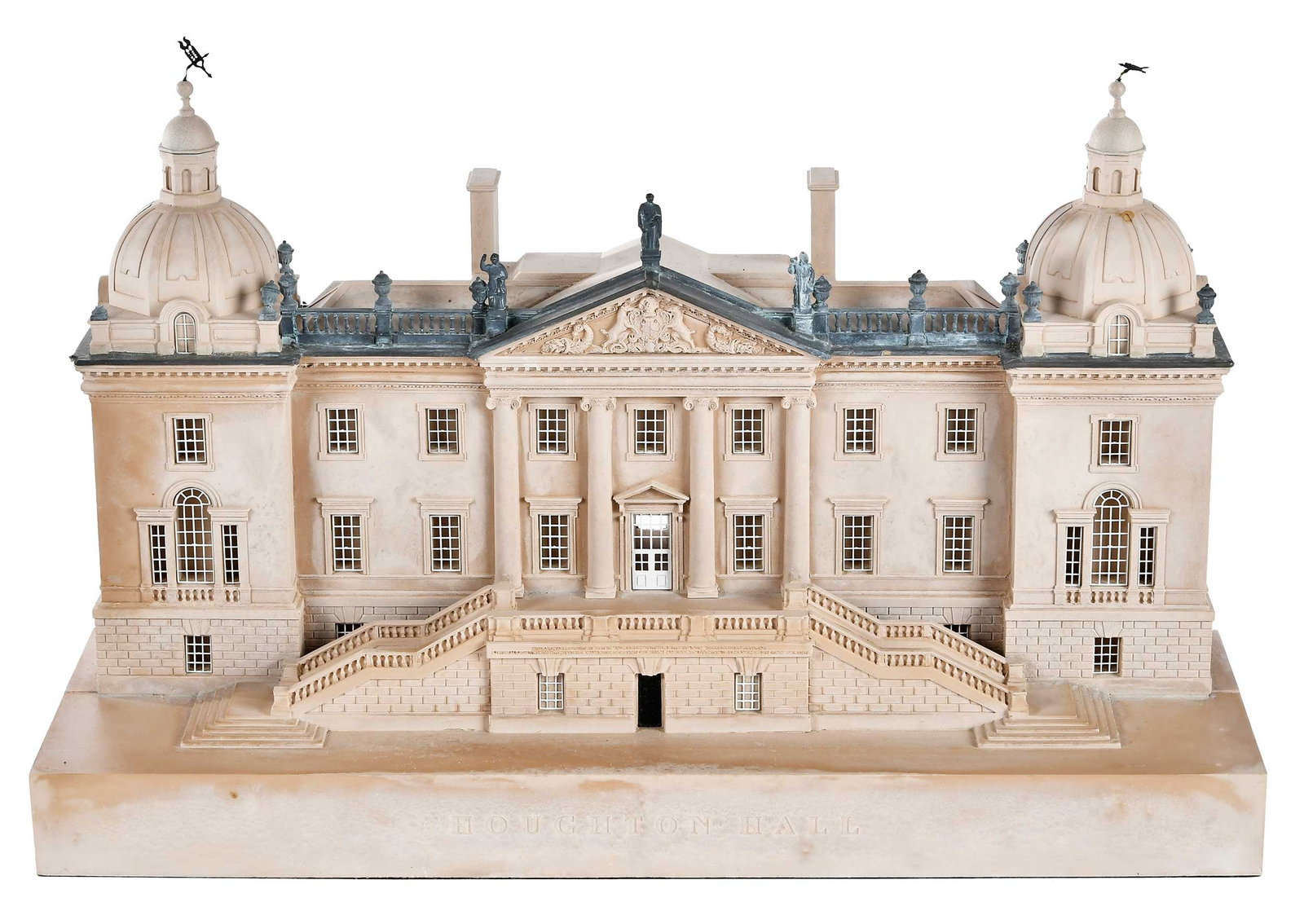 Timothy Richards Architectural Model Bookend, Houghton Hall: (Bath, England, 20th century) Houghton Hall, Norfolk, England, numbered "222 of 300" and dated "October 2008", signed "Tim Richards" verso, with maker's stamp at side of steps, plaster and metal const