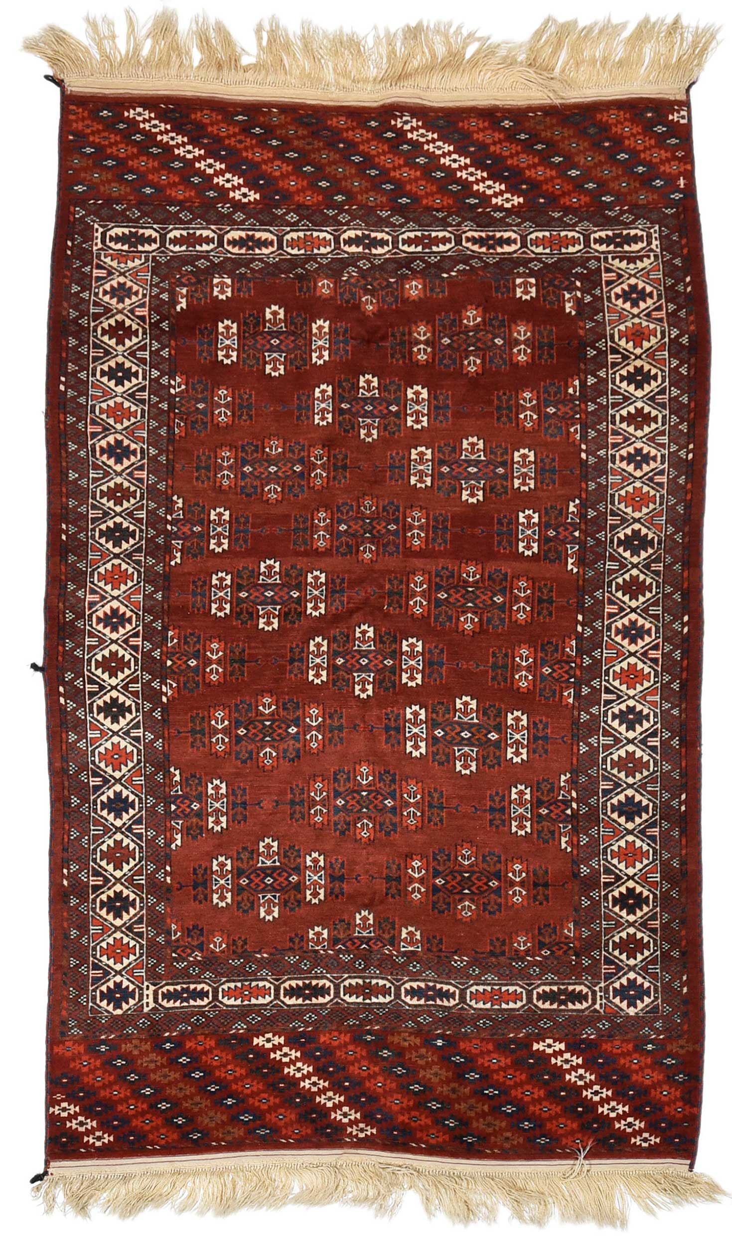 Turkmen Yomut Rug: mid 20th century, geometric motif throughout, woven in white, red, blue, and brown; hooks woven to edge for hanging, 7 ft. 5 in. x 4 ft. 3 in.Provenance: Private Collection, Asheville, North Carolina