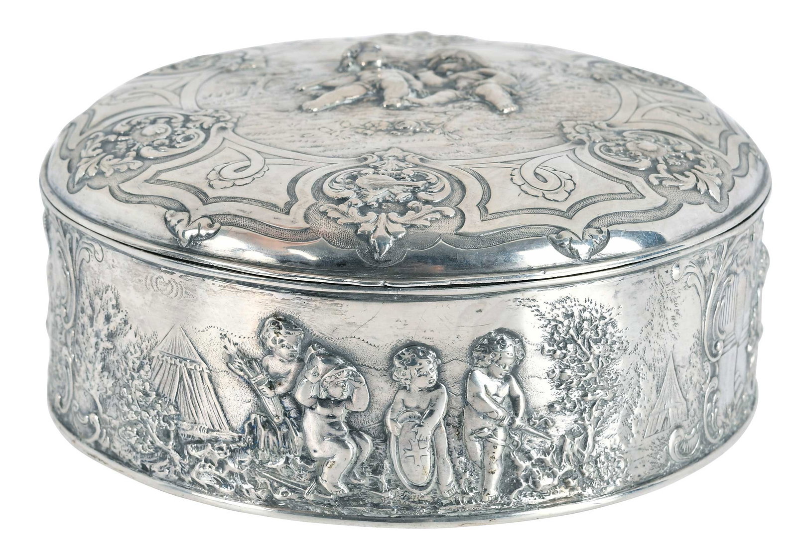 Continental Silver Round Box: 20th century, round lidded box with figural decoration, partial marks on base, test .860 fine. 18.71 oz. T., 3-1/4 x 6-3/4 in.Provenance: Estate of Linda Sargent Thompson, Historic Sesame Lodge,