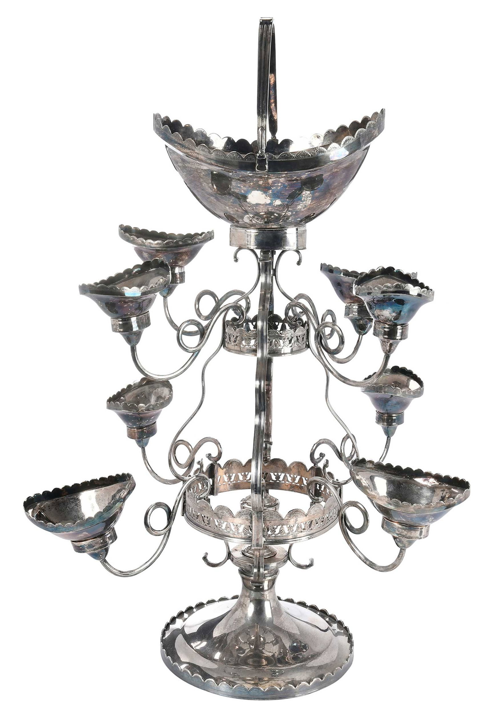 Continental Silver Plate Epergne: 19th century, two tier with four arms each and baskets, top central basket, unmarked, weighted base, 25-1/2 x 20 x 20 in.Provenance: Property from a Private Collection, Vero Beach, Florida