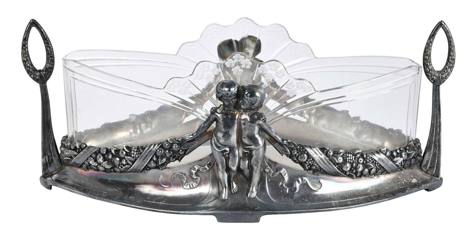 WMF Art Nouveau Silver Plate Center Bowl: early 20th century, oval with swag and figural base with conforming glass inset with intaglio cut floral decoration, marks for Wurttembergische Metallwarenfabrik Provenance: Estate of Lamar John Ryan