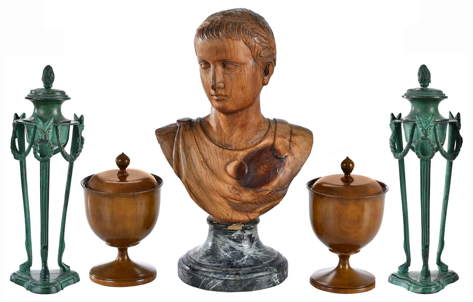 Five Decorative Wood and Bronze Table Objects: comprising: carved wood bust of the young Augustus on faux marble base; pair of turned wood lidded urns; pair of faux patinated bronze Empire style candle holders, label on bases "Made in India";