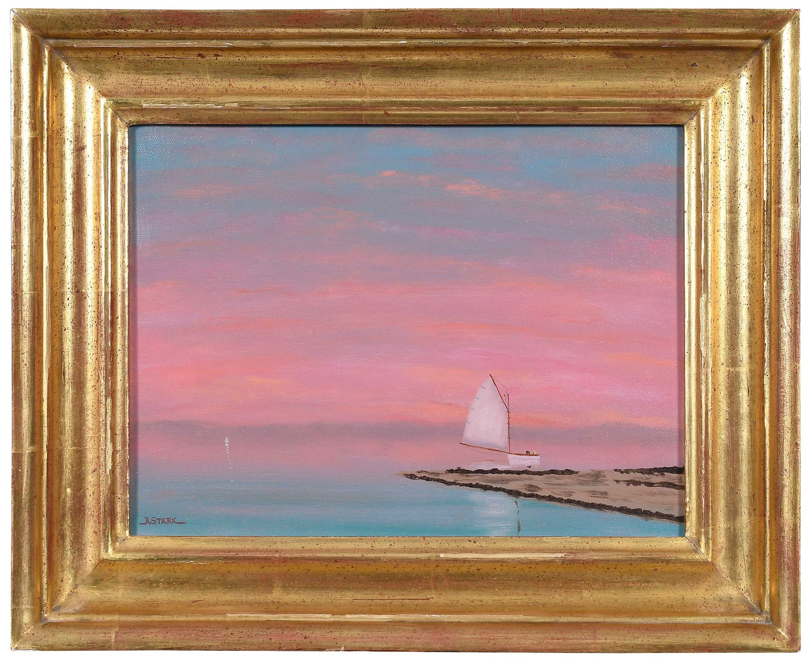 Robert Stark: (American/Massachusetts, 1933-2014) Seascape with a Pink Sky, signed lower left "R Stark," titled on label verso, oil on canvas, 9-1/8 x 12 in.; gilt wood frame, 12-7/8 x 15-7/8 x 2 in. Provenance: Ro