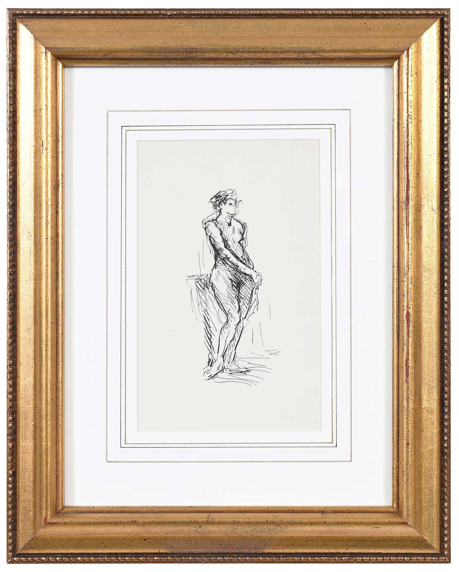 Robert Henri: (American, 1865-1929) Female Nude, embossed estate stamp lower right "RH," ink on paper, 8-7/8 x 5-3/4 in.; gilt wood frame, 14-5/8 x 11-5/8 x 1 in. Provenance: Private Collection, Virginia Beach