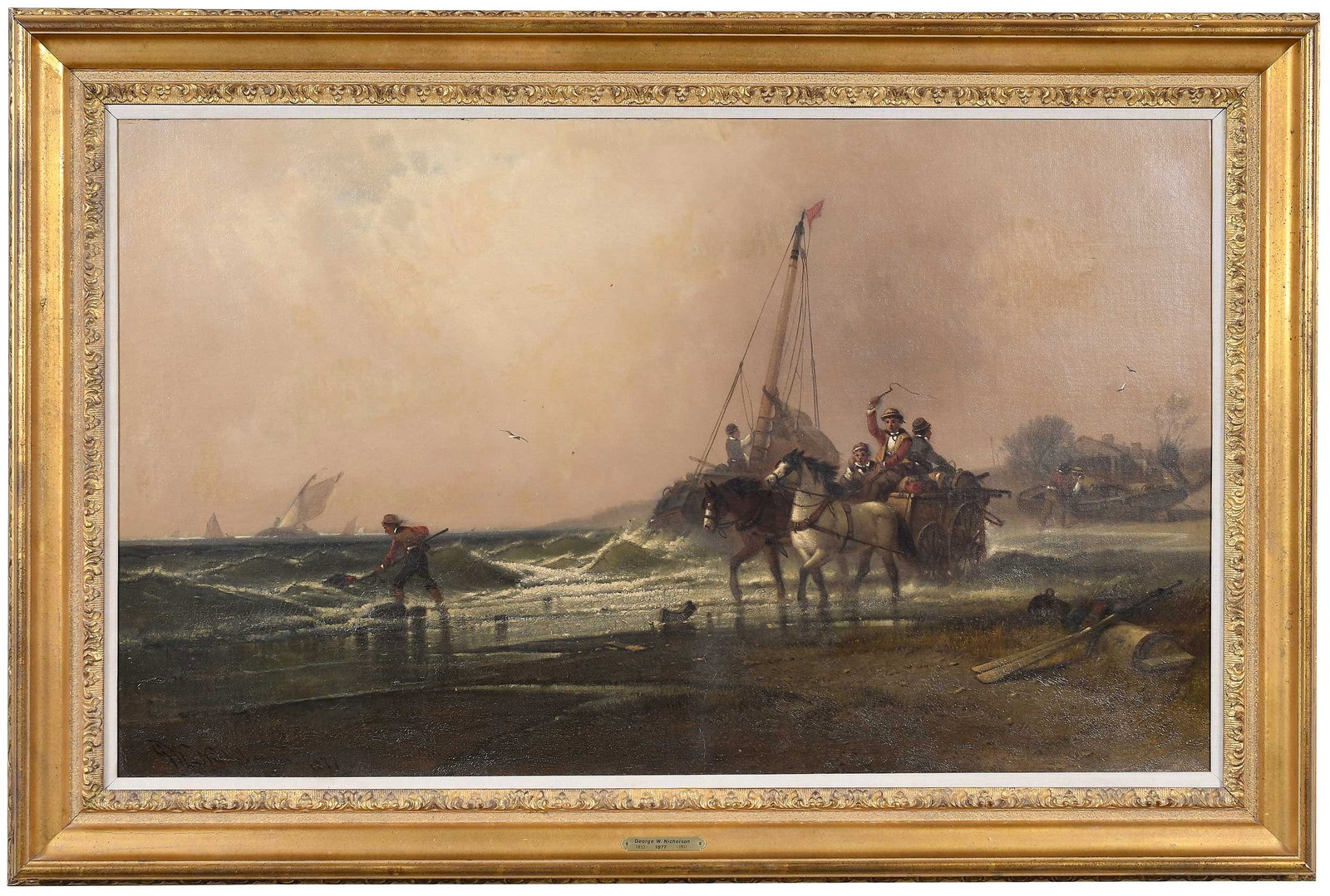 George Washington Nicholson: (American, 1832-1912) On The Shore, 1877, signed and dated lower left "GW Nicholson 1877," oil on canvas, 24-1/8 x 39-7/8 in.; gilt wood frame, 31-1/2 x 47-1/8 x 2-3/4 in. Provenance: Private