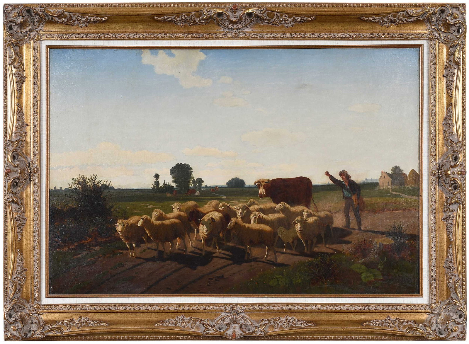 Peter Moran: (American, 1841-1914) Herding the Sheep, 1864, signed and dated lower left "P. Moran 1864", oil on canvas, 24 x 36 in.; reproduction gilt wood frame, 32-1/4 x 44-1/4 x 4 in. Provenance: Private