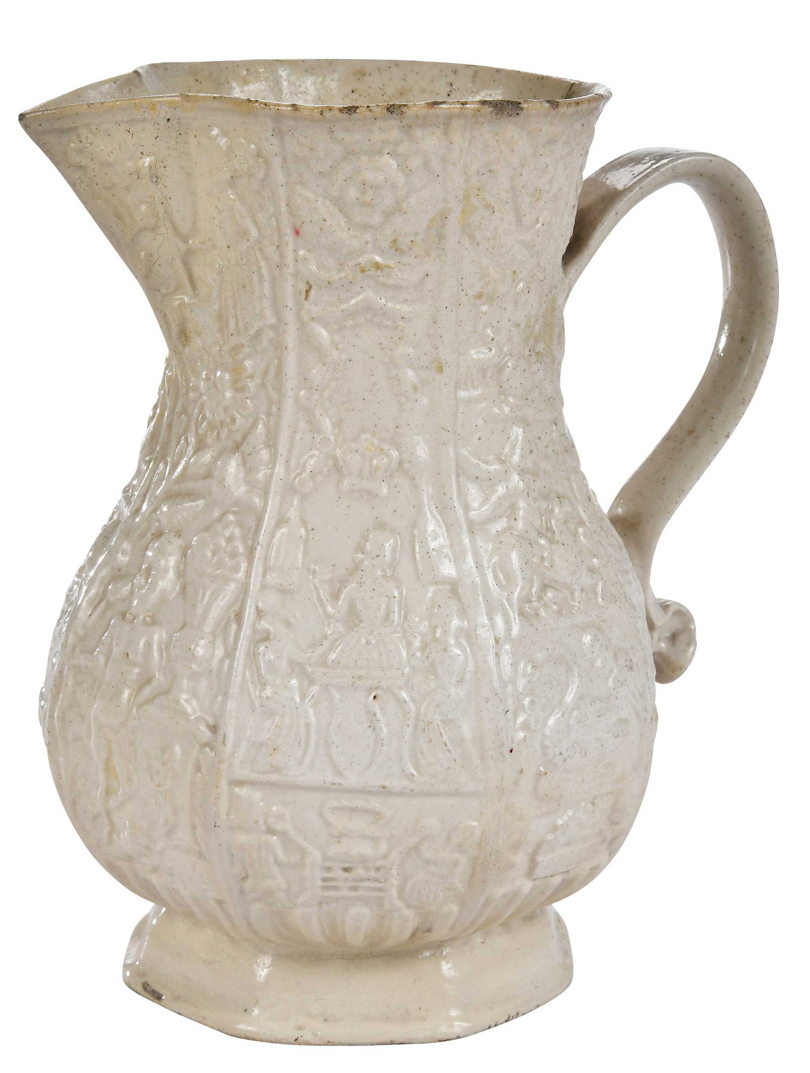 Staffordshire White Salt Glazed Pitcher with Pictorial Panels: English, circa 1750, eight vertical panels of figural and animal decoration, 9 x 7-1/2 x 6-1/4 in. Provenance: Mr. and Mrs. Jerome Blum, Willow Corners Antiques, Lisbon, Connecticut; Sotheby's, New
