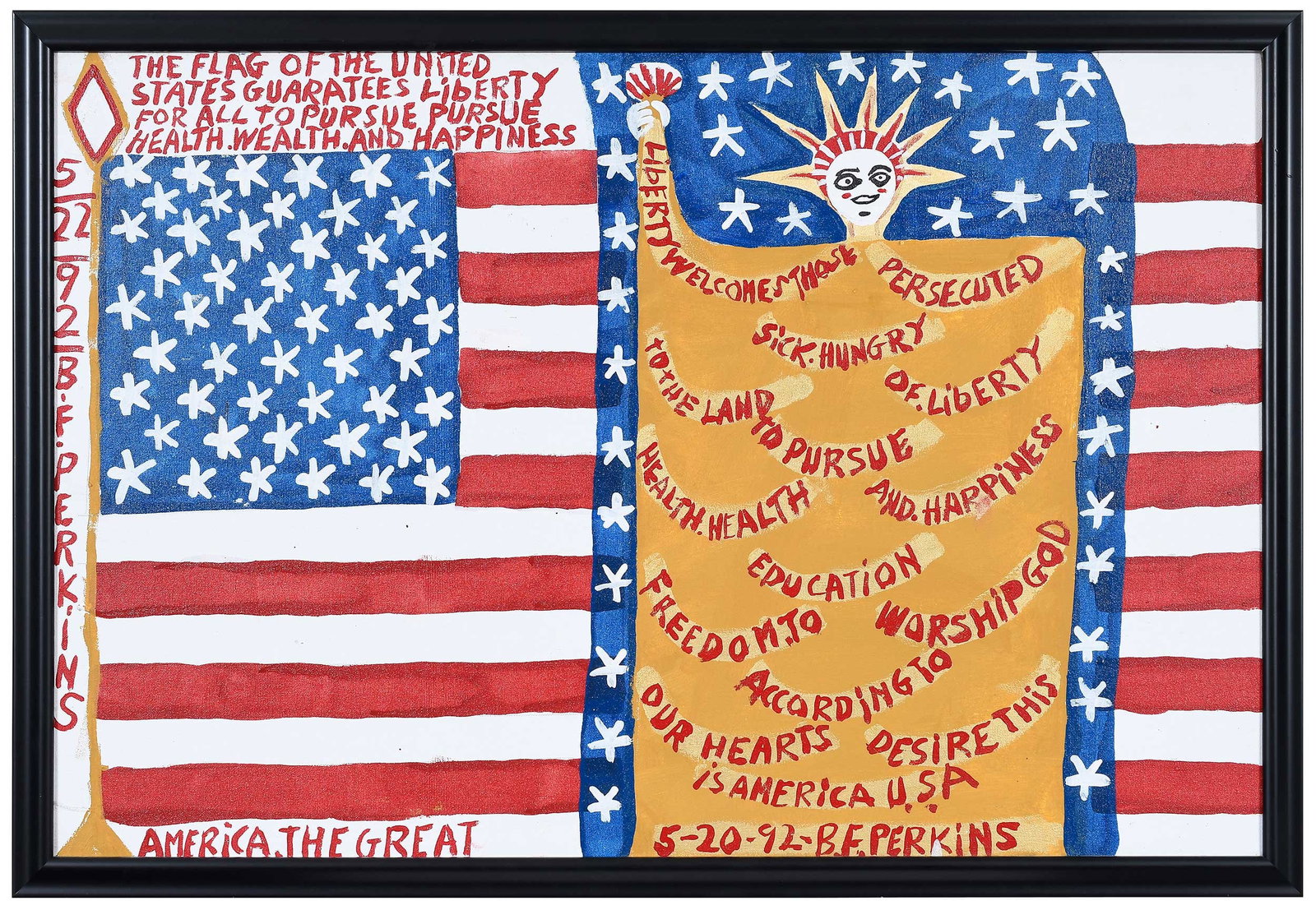 B.F. Perkins: (American/Alabama, 1904-1993) America the Great, signed and dated recto, acrylic on canvas, 24 x 36 in.; modern black frame, 26-1/8 x 38 x 1-1/4 in. Provenance: Property from the Collection of Ted and