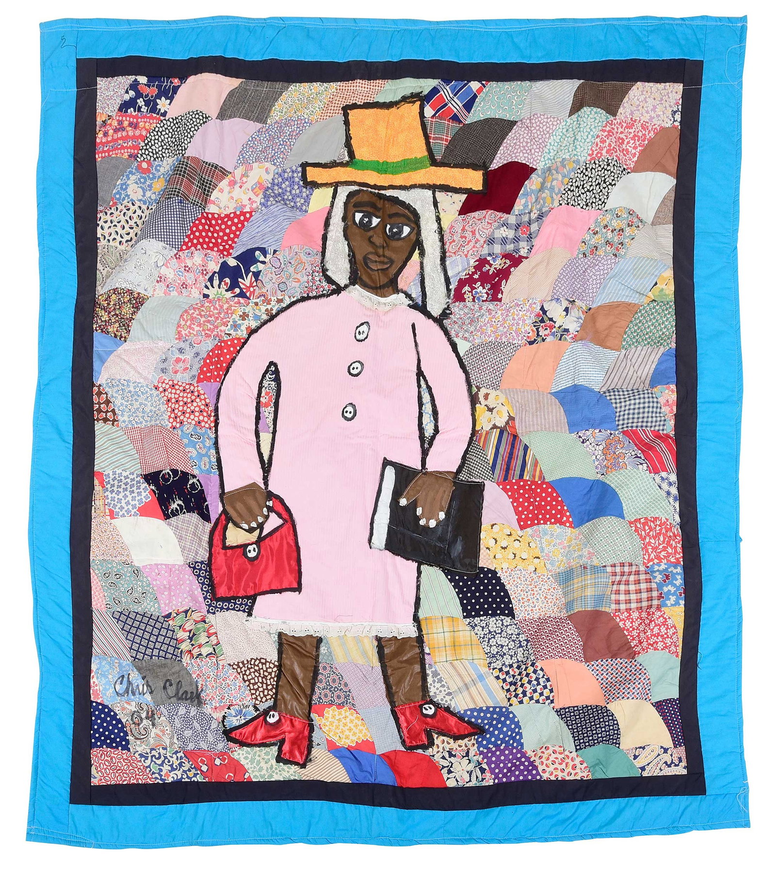Chris Clark Quilt: (American/Alabama, 2011-1958) Aunt Henrettra Clark [sic], signed and dated, titled verso, "Chris Clark 04", assembled fabric, 57 x 52 x 1/2 in. Provenance: Property from the Collection of Ted and Ann 