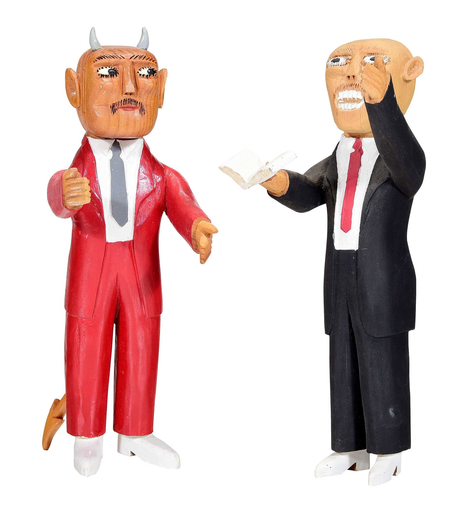 Sulton Rogers: (American/Mississippi, 1922-2005) Preacher and Devil, unsigned, carved and painted wood, larger 13 x 4 x 6-1/4 in. Provenance: Property from the Collection of Ted and Ann Oliver