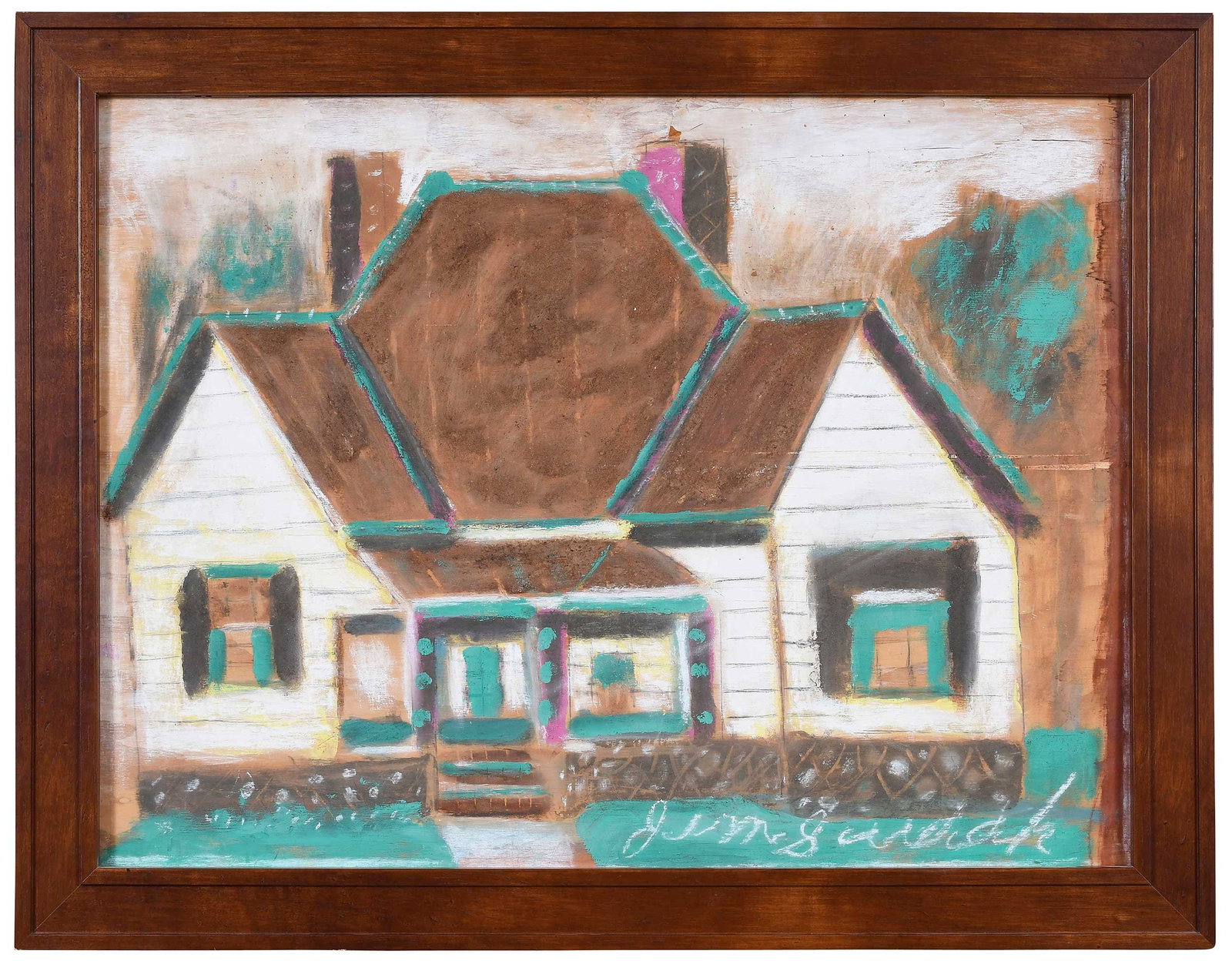 Jimmy Lee Sudduth: (American/Alabama, 1910-2007) Ms. Louise Moore House, signed in lower right corner "Jim Sudduth", paint and mud on board, 24 x 32 in.; modern wood frame, 28-3/4 x 36-1/2 x 1 in. Provenance: Property f