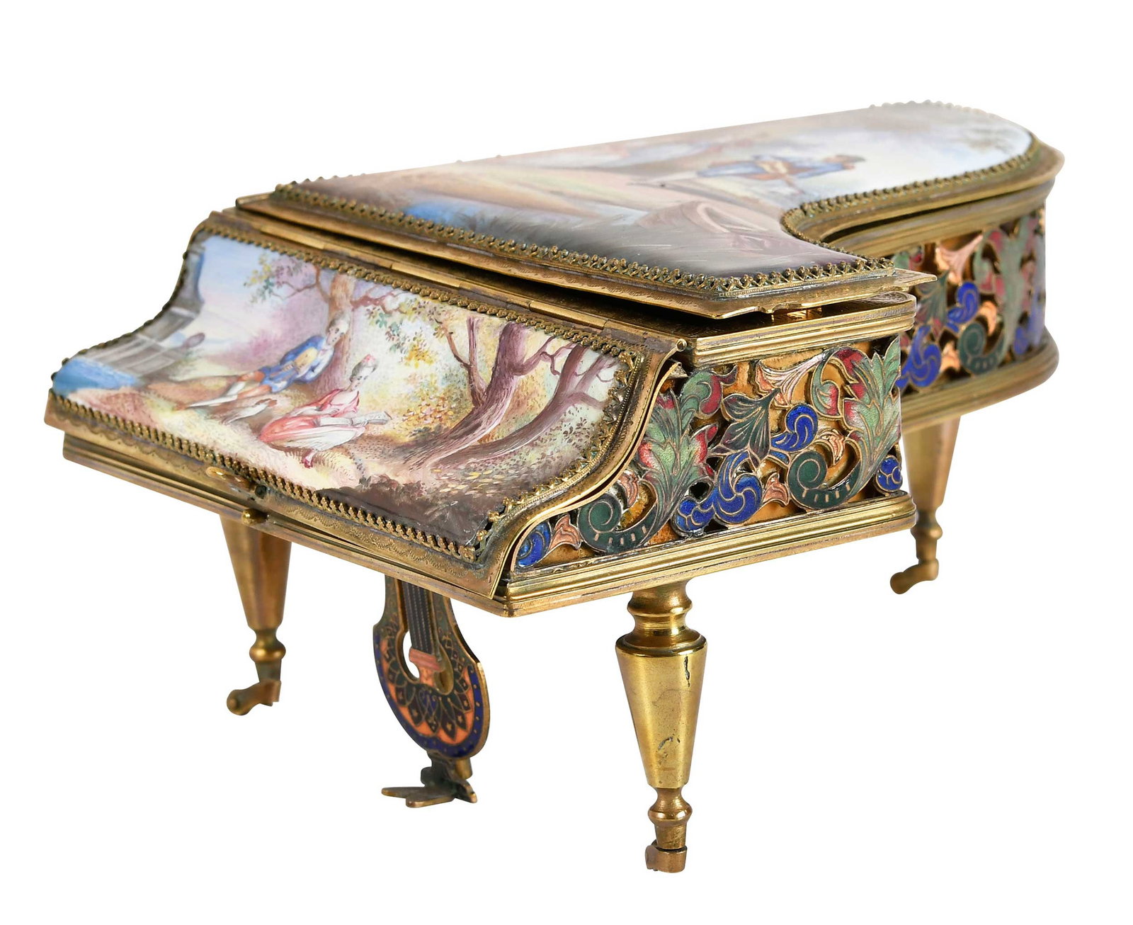 Continental Enameled and Gilt Brass Piano Form Music Box: probably Austrian, late 19th century, hinged fallboard and lid, functioning casters, velvet lined interior compartment, approx. 3-3/8 x 5 x 6-3/4 in. Provenance: Collection of Steve Stewart, Lake Lure