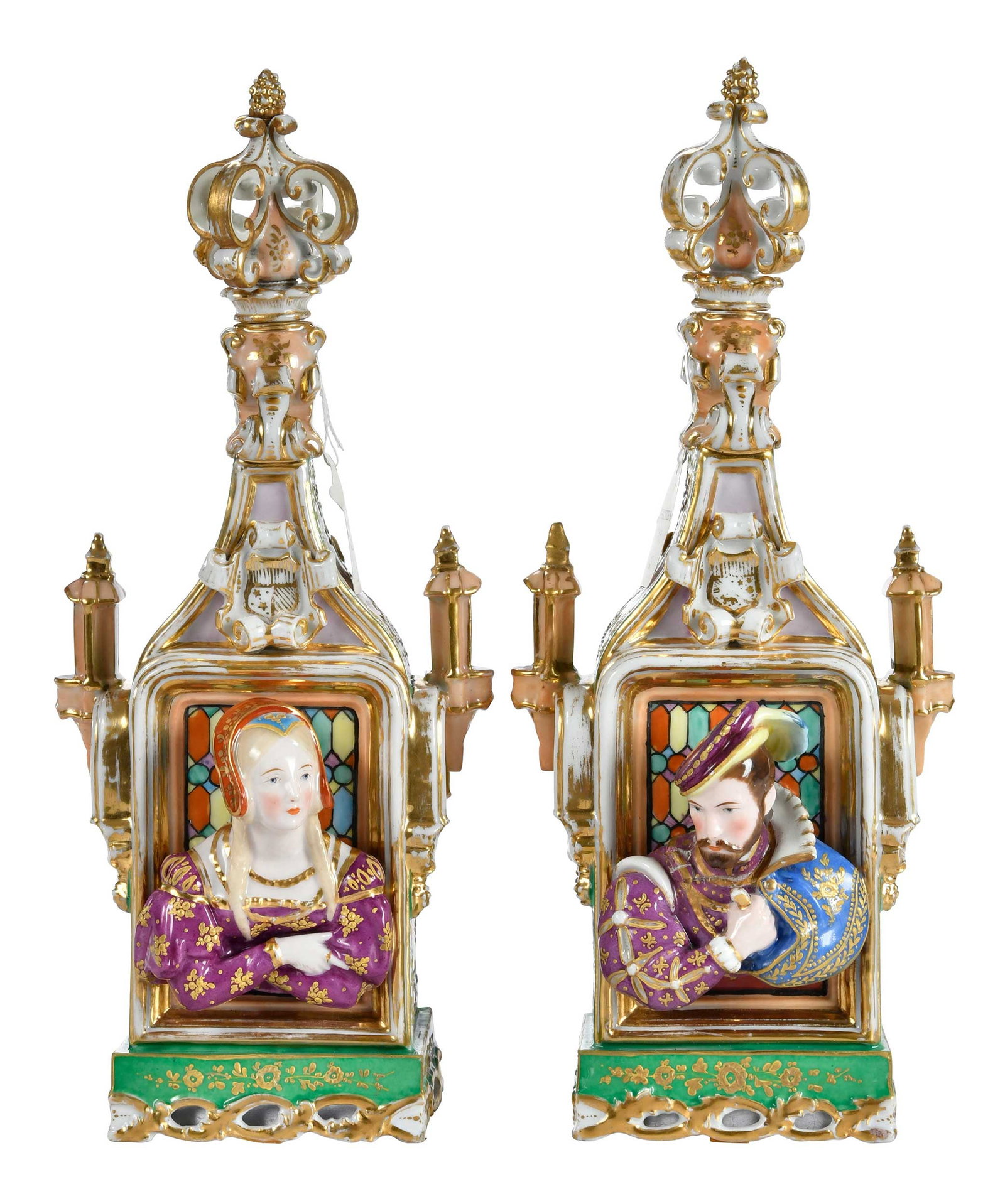 Pair of Jacob Petit Porcelain Architectural Scent Bottles, Celebrity and Christie's Provenance: France, 19th century, maker's mark to base, each of architectural form with the head and torso of two Renaissance figures on opposite sides, 14-7/8 x 5-3/4 x 5 in. Provenance: Christie's, New York, Ma