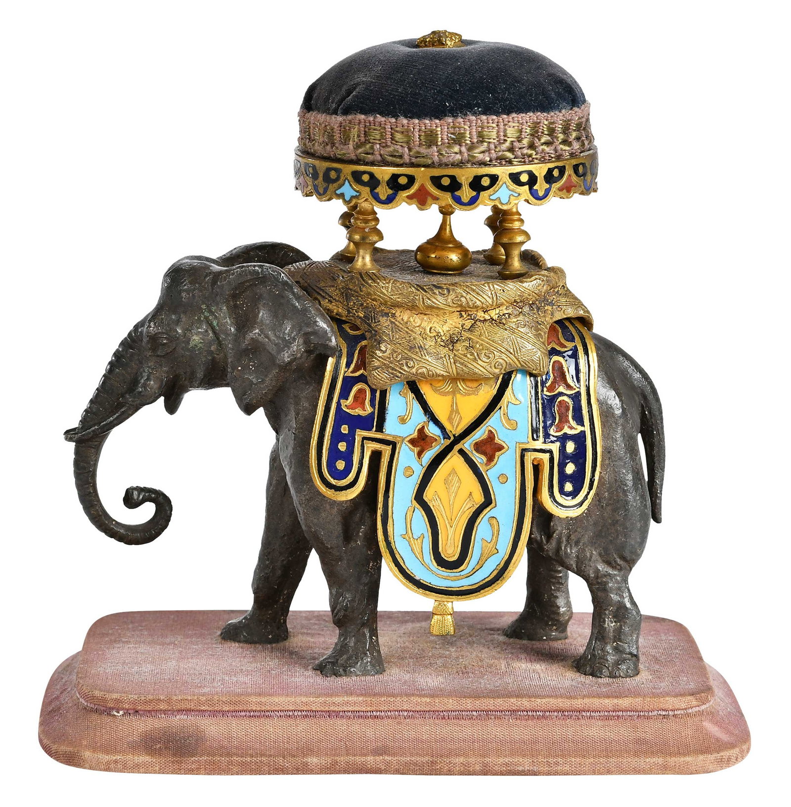Maison Alphonse Giroux Gilt and Patinated Bronze Cloisonne Elephant Pincushion: France, 19th century, depicting an elephant saddled with a covered howdah, fabric covered base, 5-1/2 x 3-1/4 x 5-3/4 in. Provenance: Maison Alphonse Giroux, Paris, France (label); Collection of Steve