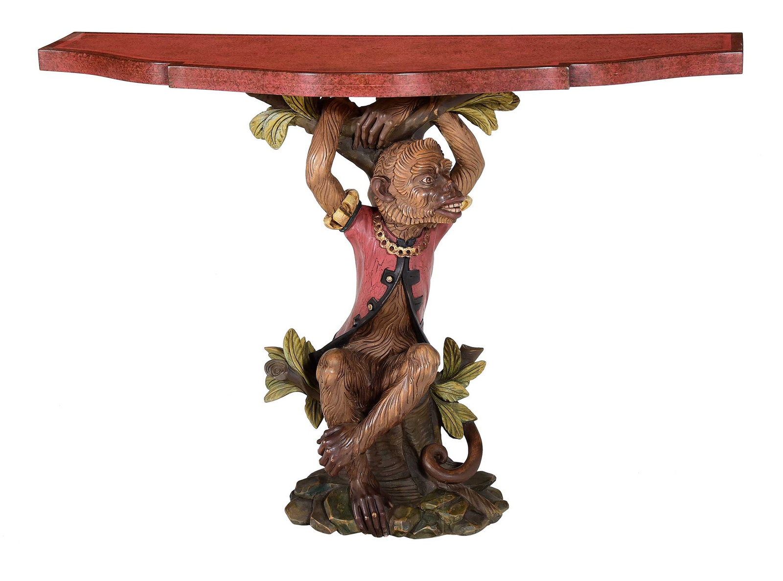 Contemporary Carved and Polychrome Singerie Console Table: 21st century, red painted faux marble shaped top, monkey in red coat amongst foliage seated on rock base, 33-1/4 x 48 x 17-1/2 in. Provenance: Private Collection, Highlands, North Carolina
