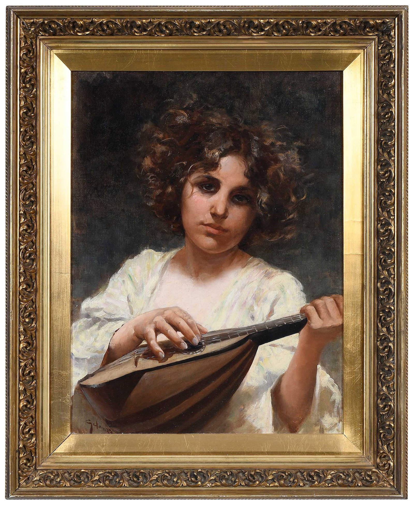 Giuseppe Gelanze, Lute Player: (Italian, 1867-1929) Lute Player, signed "Gelanze" lower left, oil on canvas, 24 x 18 in.; Scottish gilt wood and composition frame, label "D.J. Tough...Edinburgh" verso, 31-1/4 x 25-1/2 x 2-1/2 in. P