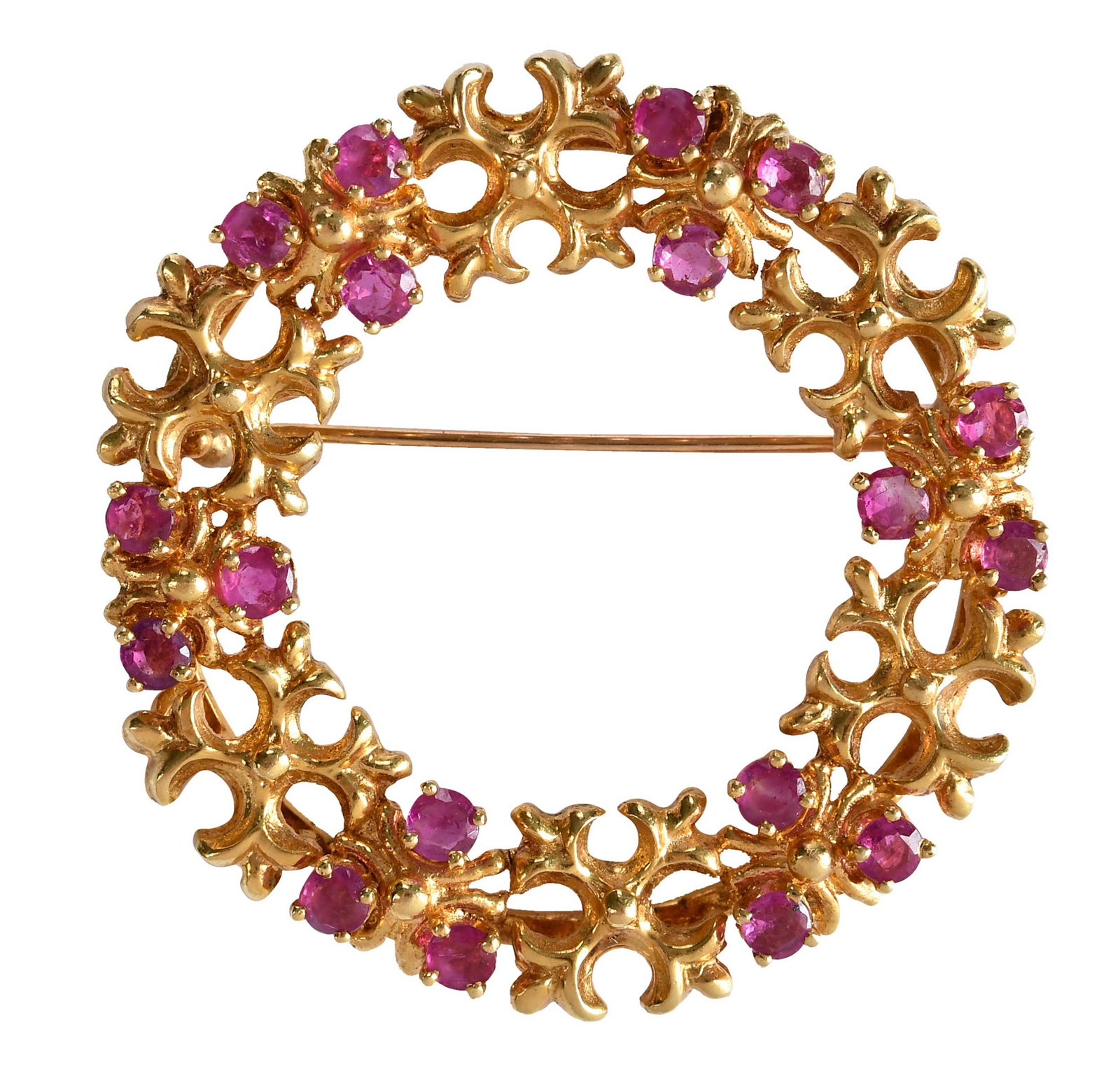 18kt. Vintage Tiffany & Co. Ruby Wreath Brooch: 18 round faceted rubies, marked "18K, TIFFANY", yellow gold, 1-1/2 in. diameter, straight pin, 12.8 g Provenance: Private collection Note: Brunk Auctions makes no warranty or guarantee regarding any m