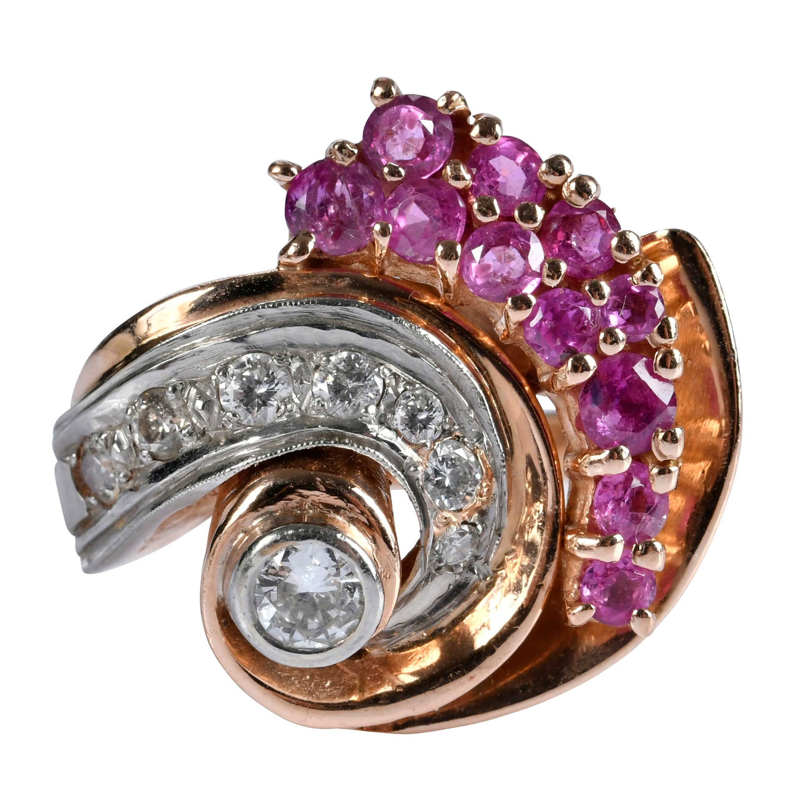 14kt. Vintage Retro Ruby and Diamond Swirl Ring: central round faceted cut diamond, approx. 0.25ct., VS, H-I, 11 round faceted cut rubies, approx. 1.65 ctw., 7 round faceted cut diamonds, approx. 0.50ctw., marked "14K, PLAT TOP", rose gold, diamonds