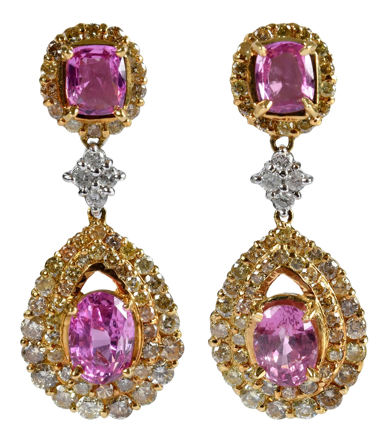 18kt. Pink Sapphire Diamond Drop Earrings: two oval cut faceted pink sapphires, two cushion cut faceted pink sapphires, approx. 6.50ctw., accented by round faceted diamonds, SI, H-J, light fancy yellow, approx. 4.25ctw., tests 18kt. yellow and
