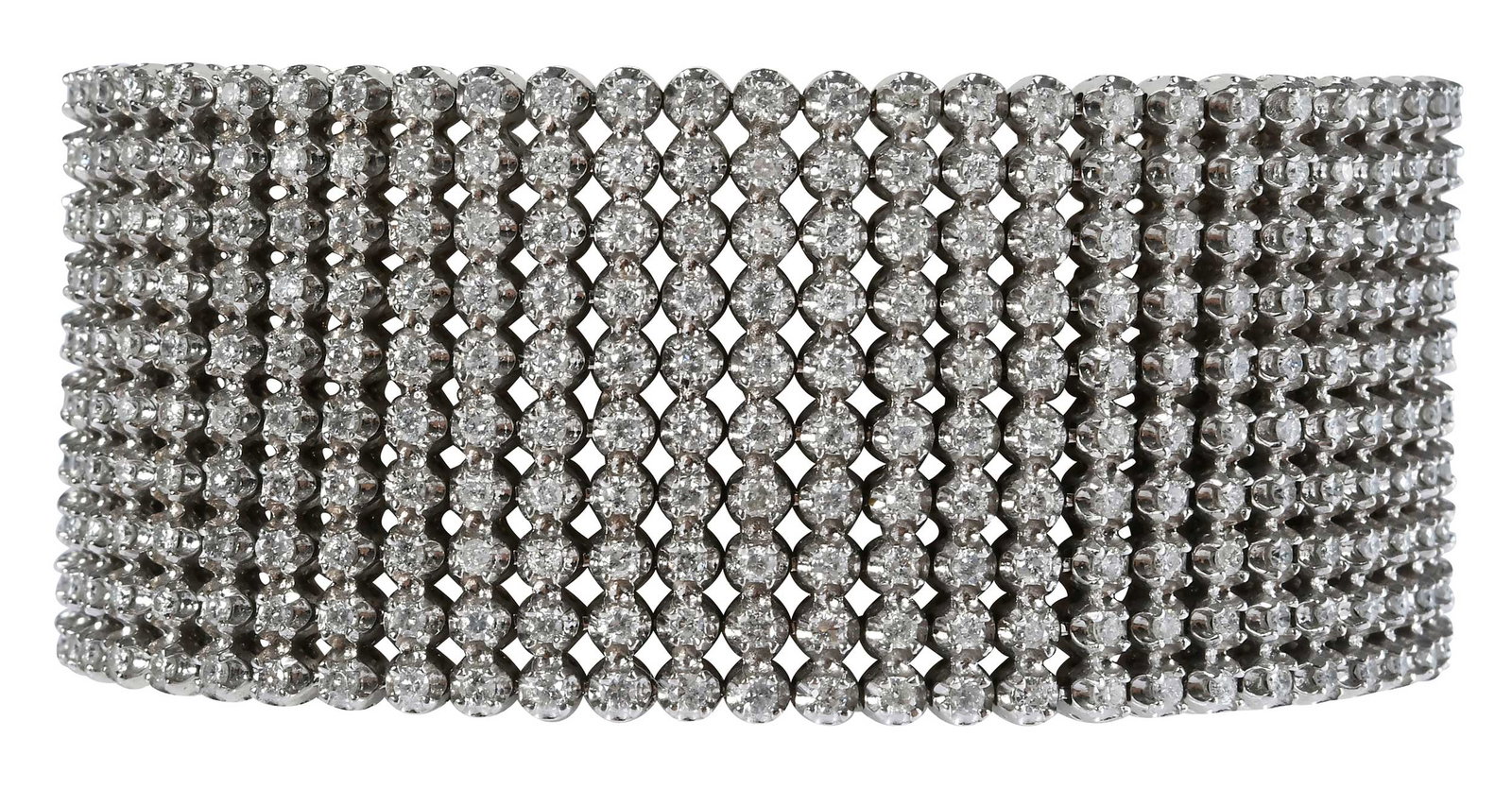 14kt. Diamond Mesh Link Bracelet: approx. 580 round faceted diamonds, approx. 16.00ctw., SI- I, H-J, clasp marked "10K", white gold, bracelet tests 14kt. white gold, 8-1/4 in. length, 35mm width, 106.8 g Provenance: Private Collection