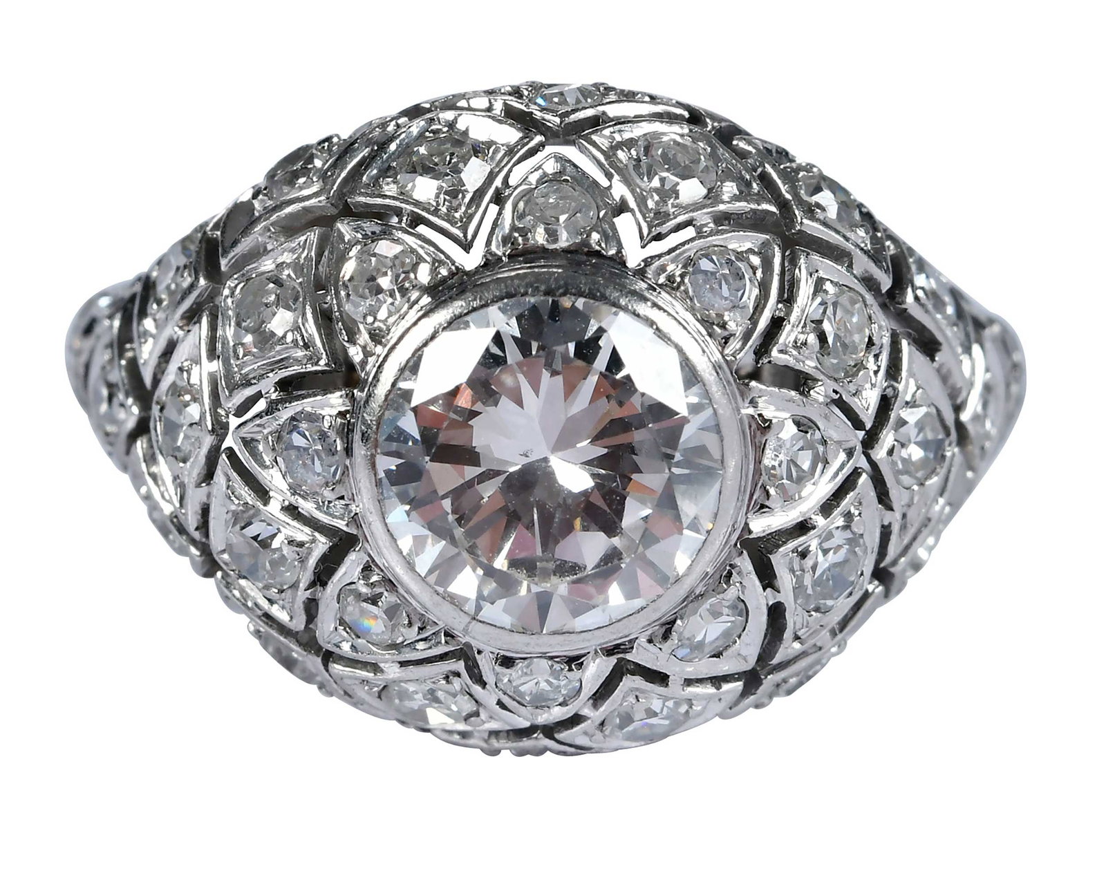 Platinum Art Deco Bombe Diamond Ring - GIA: center round brilliant cut diamond, bezel set, approx. 1.50ct., VS, F-G, accented 34 round single cut diamond accents, approx. 0.86ctw., GIA #AER9F, tests platinum and 18kt. white gold, ring sz. 4-1/2
