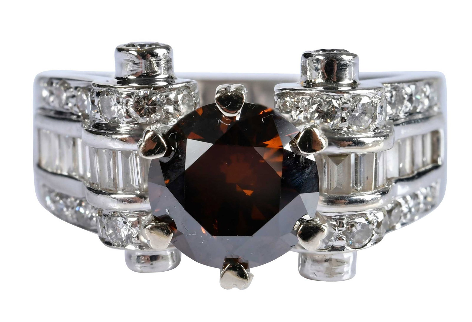 14kt. Fancy Colored Diamond Ring - GIA: round brilliant cut fancy dark orangy brown diamond, 2.40ct., SI2, GIA report # 2105597635, 32 baguette cut diamonds, 28 round faceted diamonds, approx. 2.00ctw., marked "3154, 14k", white gold, 9-1/2